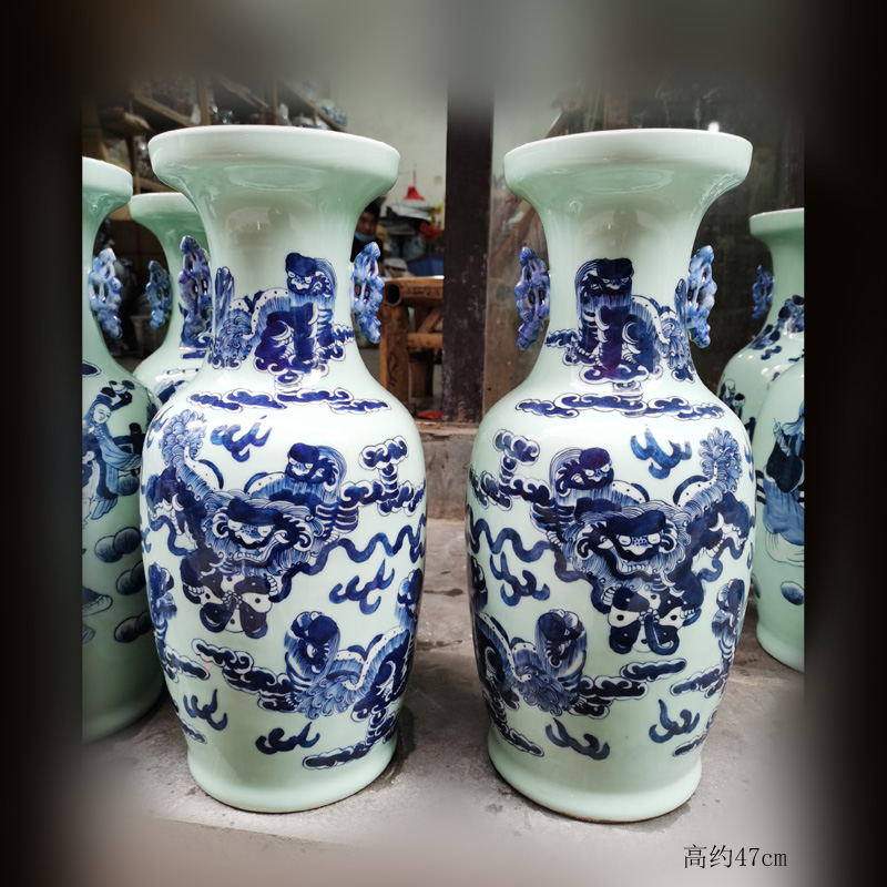 Jingdezhen double lion imitation word antique vase of dowry hand - made ceramic vase 60 Gao Qinghua ground vase