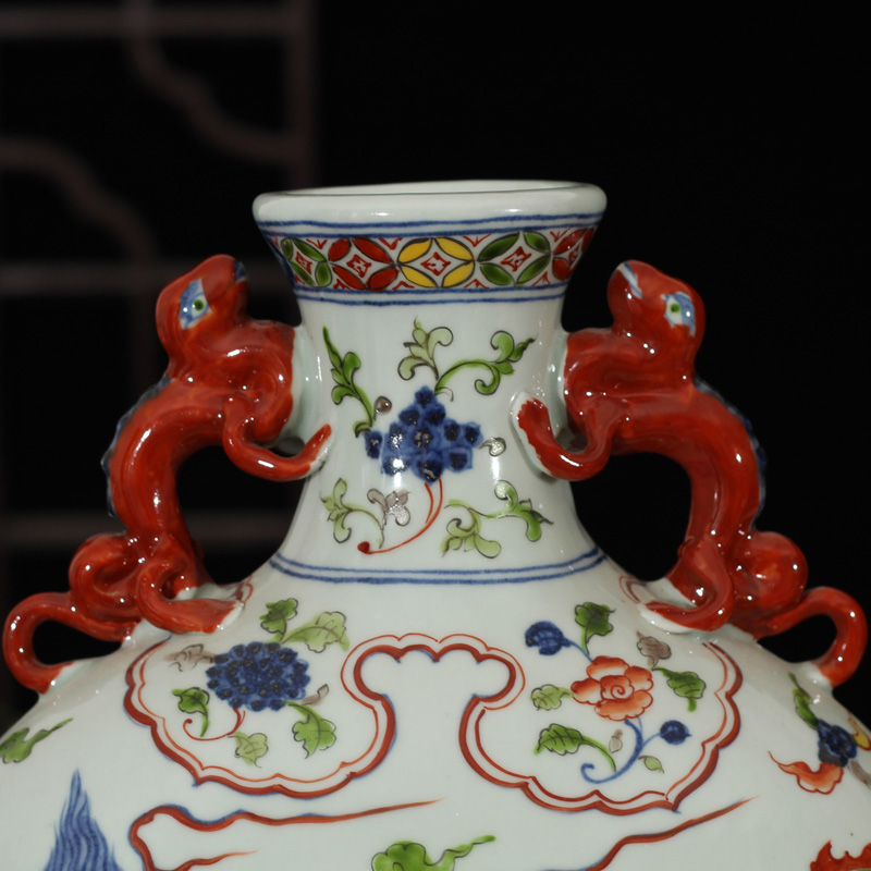 Jingdezhen porcelain dou dragon grain ears flat bottles of yuanyang grain flat hand antique XuanDeCai porcelain vase