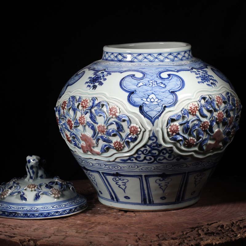 Jingdezhen heap carved porcelain mei mei imitation of yuan blue and white youligong porcelain bottle lid bottle head tiger caboodle spends big pot