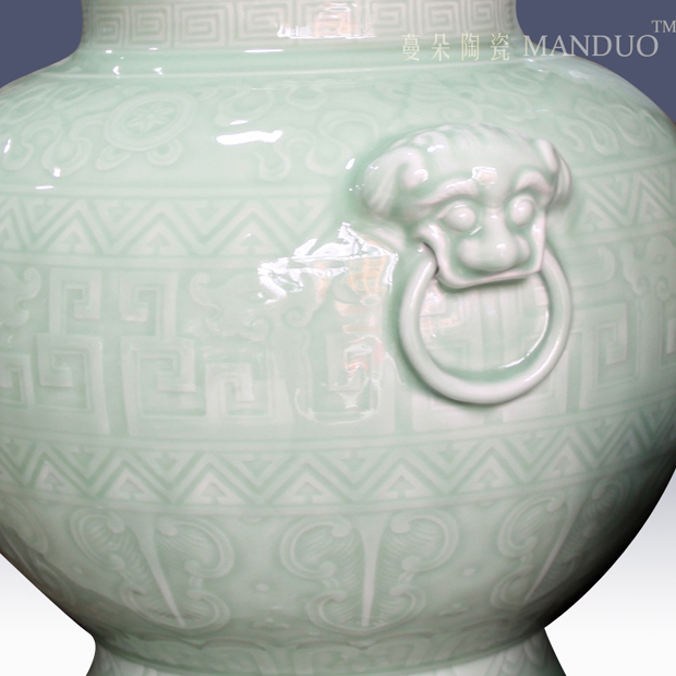 Jingdezhen high - end antique vase 30 double lion handle high about celadon about 40 high pure color cylinder quiver monochrome