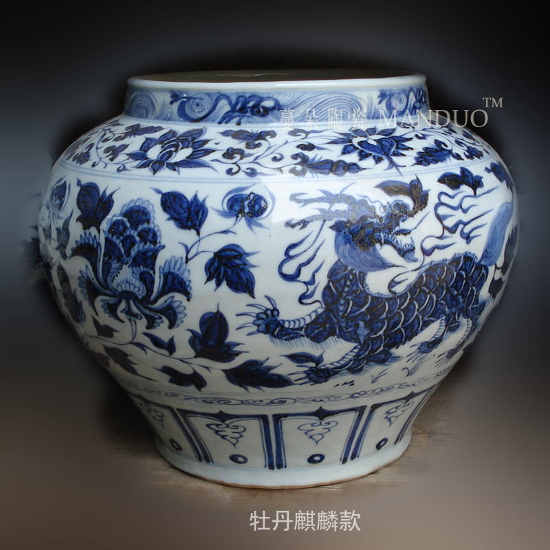 Yuan blue and white dragon large pot of jingdezhen porcelain hand - made Yuan blue and the white unicorn big classic Yuan blue and white porcelain pot