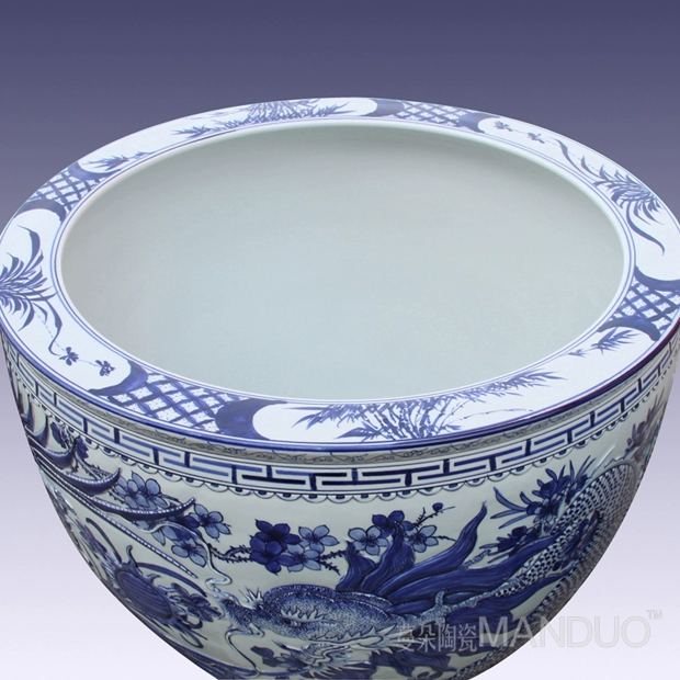 Blue and white hand in extremely good fortune large aquariums art of jingdezhen VAT aquarium embossed lotus temple