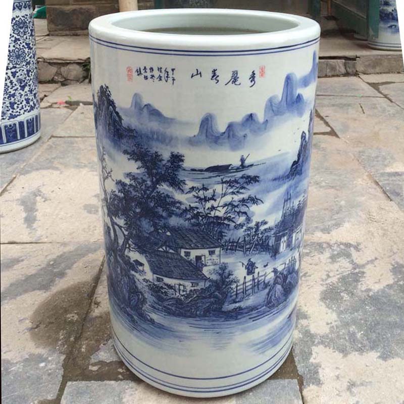 Jingdezhen blue and white landscape quiver straight hand - made ceramic vase khe sanh autumn mood lotus flower ceramic quiver