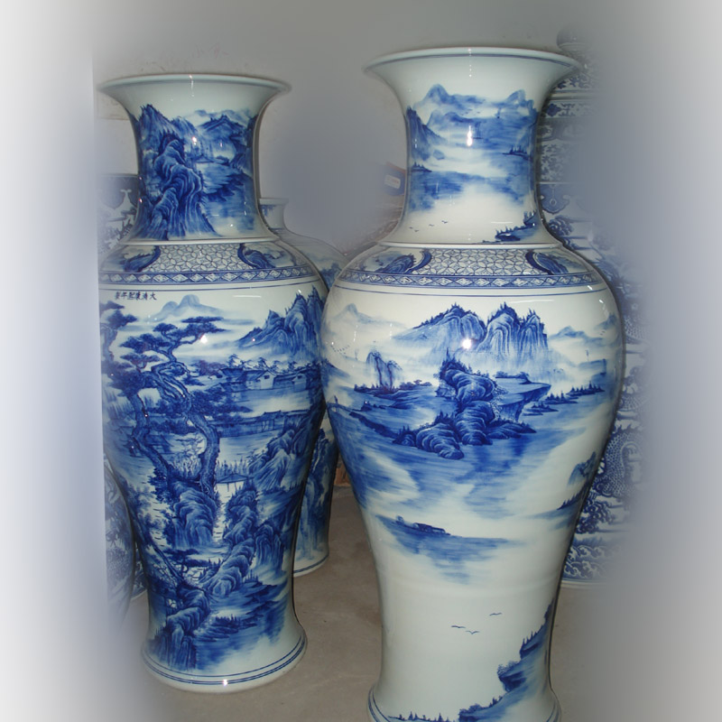 Jingdezhen blue and white landscape hand - made imitation kangxi porcelain vases 1 m high living room furnishings high - grade vase