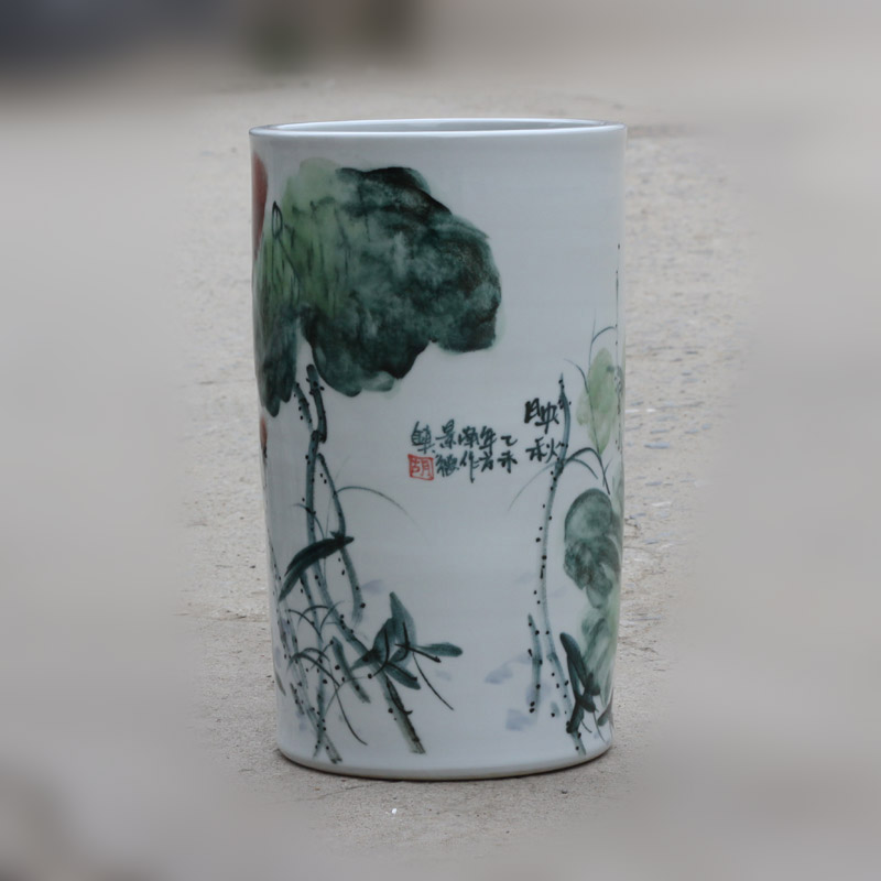 Jingdezhen hand - made porcelain up lotus quiver kingfisher China umbrella barrel painting and calligraphy quiver to receive China