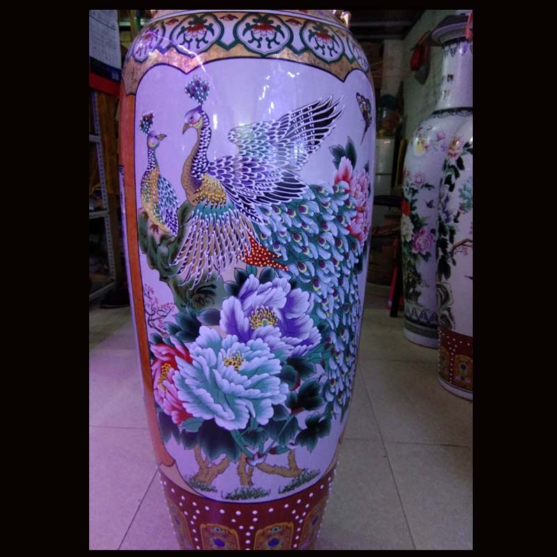 Jingdezhen color double phoenix ear red peony decorative vase is 1.3 meters high display of large vase