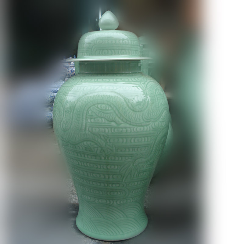 Jingdezhen hand - carved bound branch lotus lines and dragon decoration general pot pea green, pure color general display tank