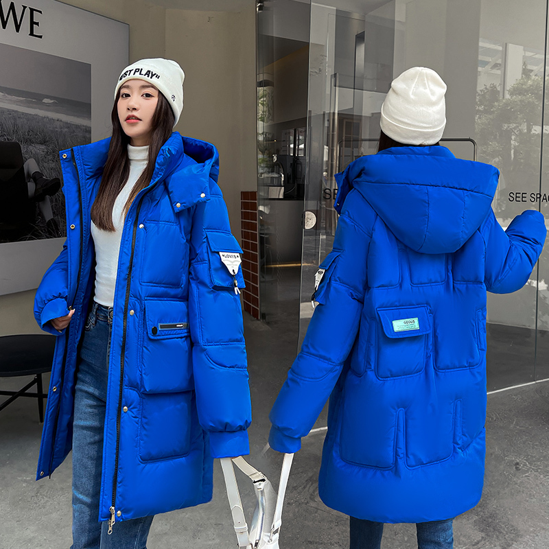 Winter New Hooded Mid-Length Plus Size Cotton Jacket for Women, Korean Style Casual Klein Blue Cotton Coat