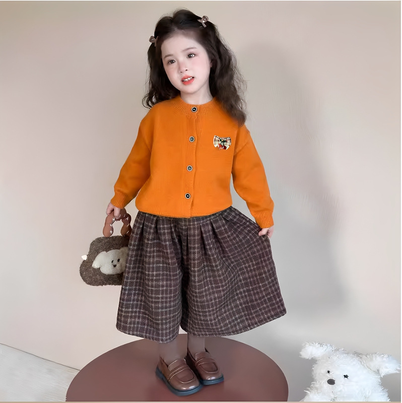 Girls' Sweater Cardigan, Stylish Spring and Autumn New Knitwear, Children's Princess Baby Pumpkin-Colored Coat, Spring Top
