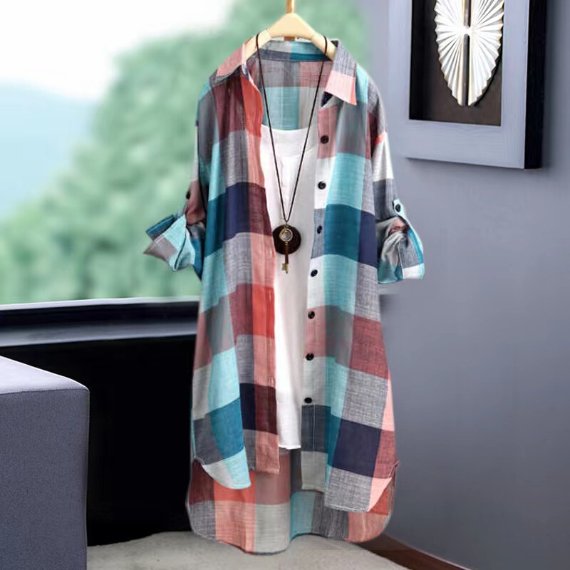 Cotton and Linen Shirt, Thin Jacket for Women, Spring and Autumn Design, Large Size, Loose, Mid-Length, Sun Protection Top, Plaid Shirt, Stylish