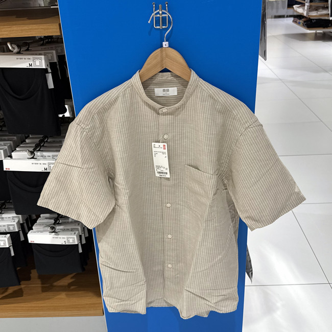 Cotton and Linen Striped Stand-Up Collar Shirt/Short-Sleeved Uniqlo Men's and Women's Shirt 26 Spring and Summer New Style 482486 Cotton and Linen Striped Stand-Up Collar Shirt/Short-Sleeved Uniqlo Men's and Women's Shirt 26 Spring and Summer New Style 482486