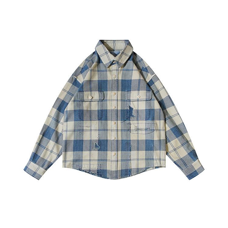 Resalibert Indigo Japanese Washed Distressed Mud-Dyed Blue and White Checkered Long-Sleeve Shirt Resalibert Indigo Japanese Washed Distressed Mud-Dyed Blue and White Checkered Long-Sleeve Shirt