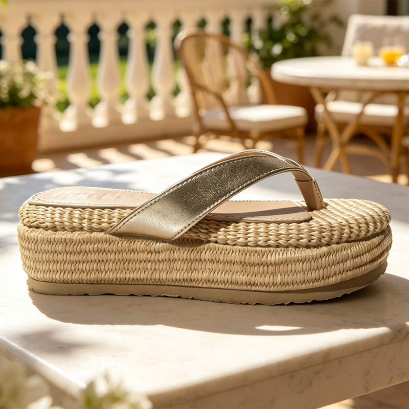 2026 Seaside Resort Style Thick-Soled Slippers for Women, Pp Straw Woven Gold Shiny Flip-Flops, Great for Outdoor Wear and Very Attractive