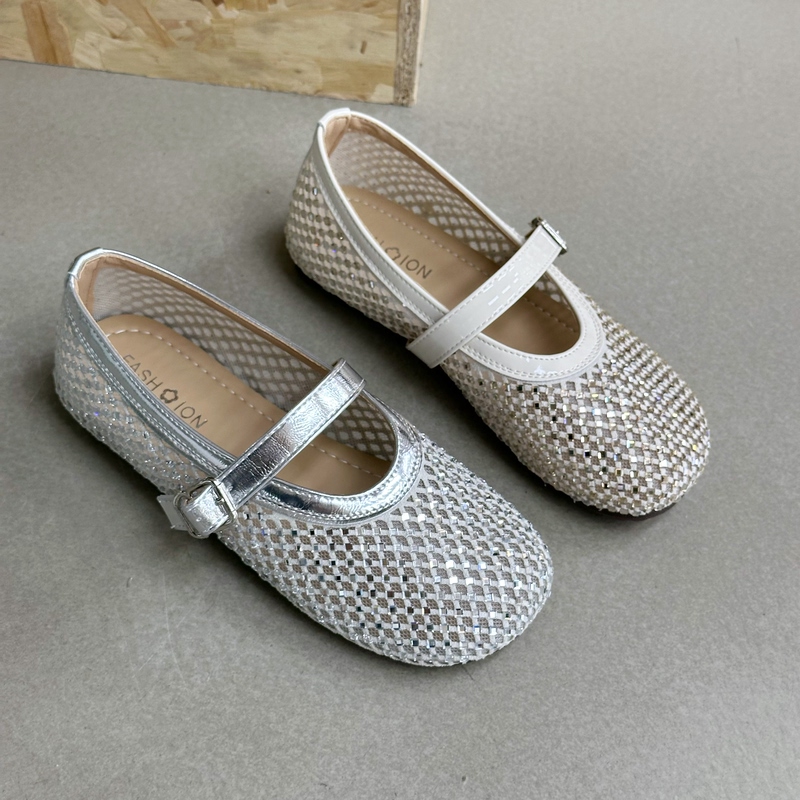 European Goods on Sale! Diamond-Embellished Hollow-Out + Mesh 2.5cm Rubber-Soled Round-Toe Closed-Toe Slippers for Women