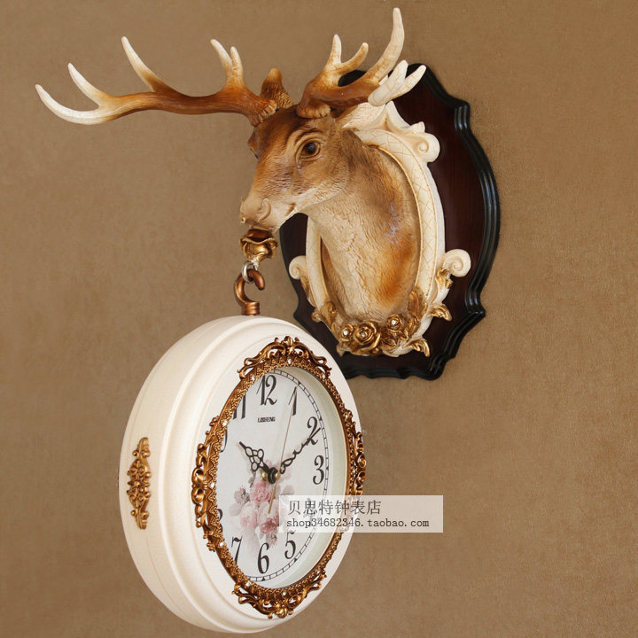 Pendant bells Nordic Chinese decoration Double sided hanging clock Living room mute Home Creative Clock Deer Head Personality Art Wall Clock