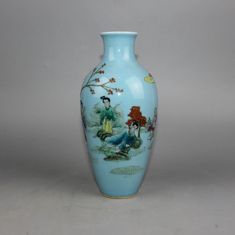 Clear Sky Blue Glaze Character Straight Mouth Bottle Green Flowers Six Characters Single Color Glazed Add Color Ancient Play Antique Collection Home Swing Accessories