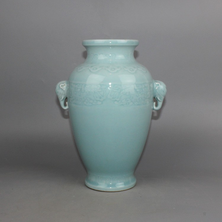 Clear Sky Blue Glaze Bronze Accessories Double Ear Bottle Single Color Glazed Antique collection Home Accessories Jingdezhen