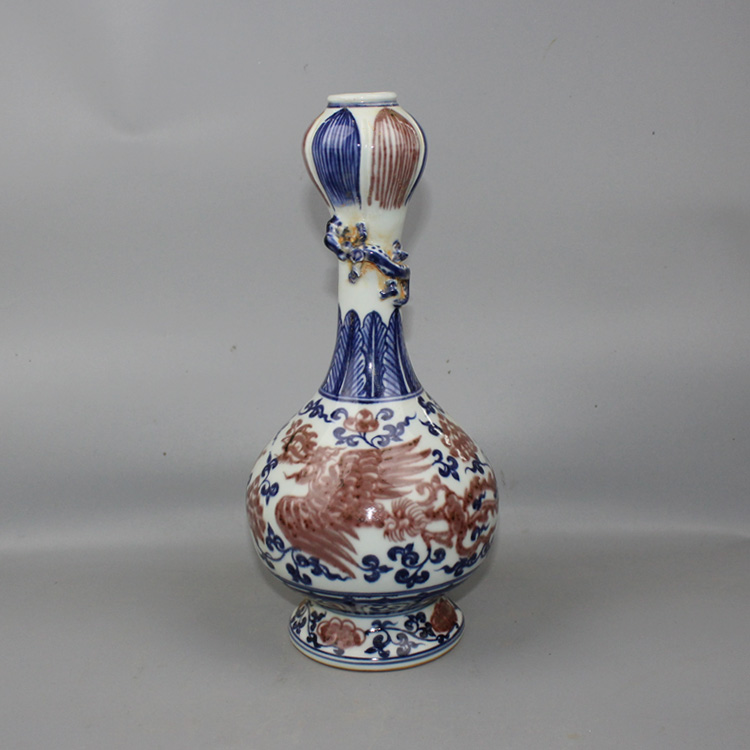 Minqing Flower Glazed Red Tangled Snake Garlic Head Bottle Painting Phoenix Ancient Play Antique Collection Boutique Pendulum Replica Antique Porcelain Jingdezhen