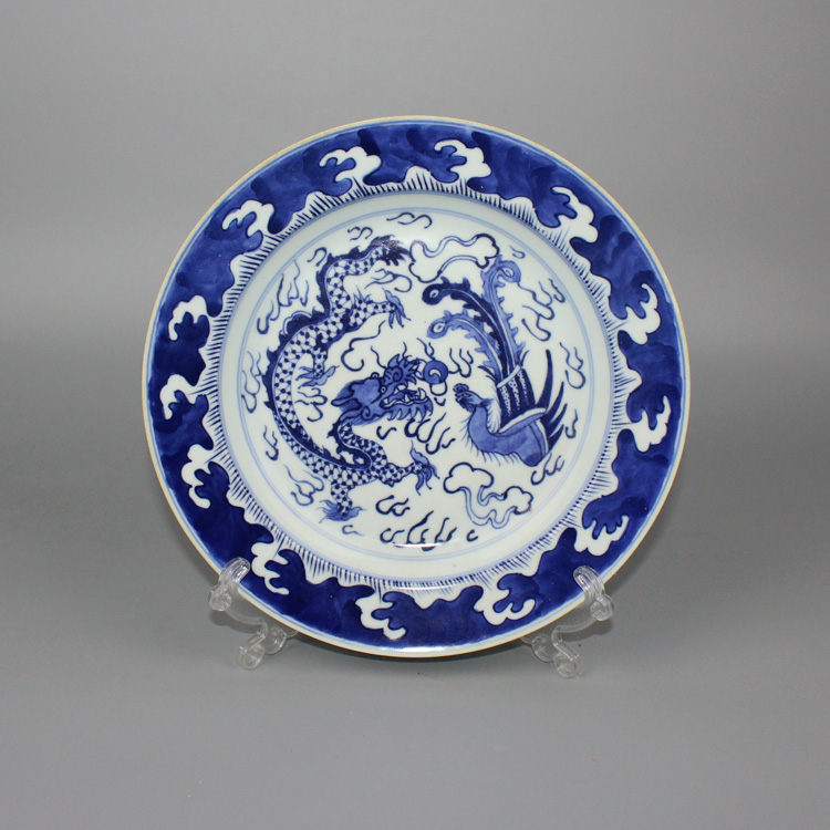 Qing blue and white painting dragon and phoenix flat plate folk kiln blue and white square style antique antique collection folk kiln utensil type home decoration