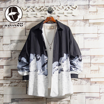 soinku black and white snow mountain printed long sleeve shirt male spring and autumn color color trend student Hong Kong style casual shirt