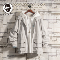 soinku2021 new hooded tooling coat men Spring Autumn ins trend casual loose gown outer clothes