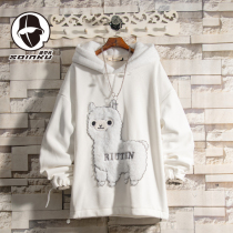 soinku Japanese Tide brand alpaca pattern plus velvet padded hooded sweater mens autumn and winter trend loose top