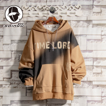 soinku Tide brand tie-dyed letter hooded sweater men autumn and winter trend harbor wind loose Joker long sleeve clothes