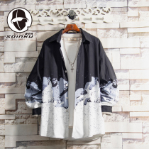 soinku Spring and Autumn new original black and white snow mountain printing shirt mens trend Hong Kong style handsome Joker shirt