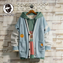 soinku original personality stitching cardigan sweater mens autumn and winter trend loose casual embroidery knit sweater