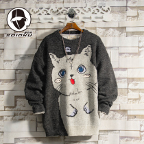 soinku Tide brand retro cartoon cat jacquard sweater men autumn and winter trend loose Joker sweater