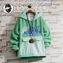 soinku American Tide Brand Street Letter Embroidery Splice Cotton Clothes Mens Winter Lamb Hooded Coat Cotton Clothing