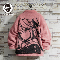 soinku American Tide Brand Two-dimensional Lamb Plush Cotton coat Mens Winter Couple Loose Thickened Cotton Clothing