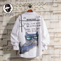 soinku Japanese tide card cartoon cat print long sleeve shirt men spring autumn trend casual Joker shirt