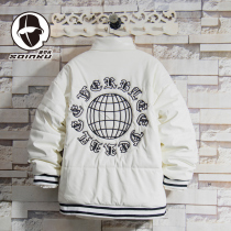 soinku Tide brand embroidery PU leather clothing cotton clothing men Winter Street loose trend thickened warm cotton coat coat