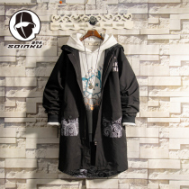 soinku spring autumn cashew pocket long trench coat men trend casual handsome student loose coat coat