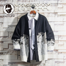 soinku original black and white snow mountain color cardigan sweater mens spring and autumn trend wearing loose Joker sweater