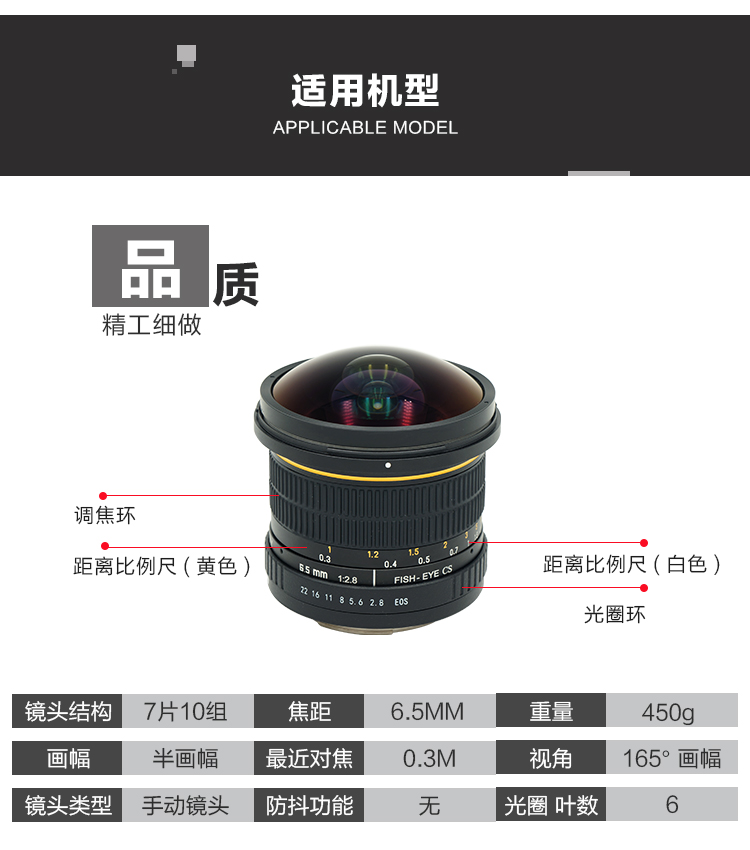 Jiarui 6.5 MÉT F2.8 siêu rộng góc ống kính fisheye SLR Canon Nikon Sony E bayonet cố định ống kính tiêu cự