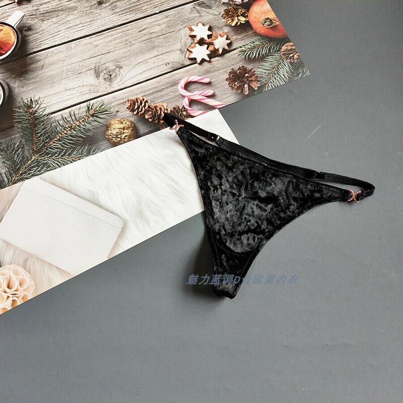 Three 60-70kg American Fre Black Velvet Metal Buckle Sexy Thong Low-Waist Women's Thin Strap T-Pants