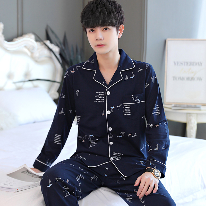 Pure Cotton Pajamas for Men, Spring and Autumn Style, Long-Sleeved Two-Piece Set, All-Cotton Youth Loungewear, Men's Cardigan That Can Be Worn Outside Pure Cotton Pajamas for Men, Spring and Autumn Style, Long-Sleeved Two-Piece Set, All-Cotton Youth Loungewear, Men's Cardigan That Can Be Worn Outside