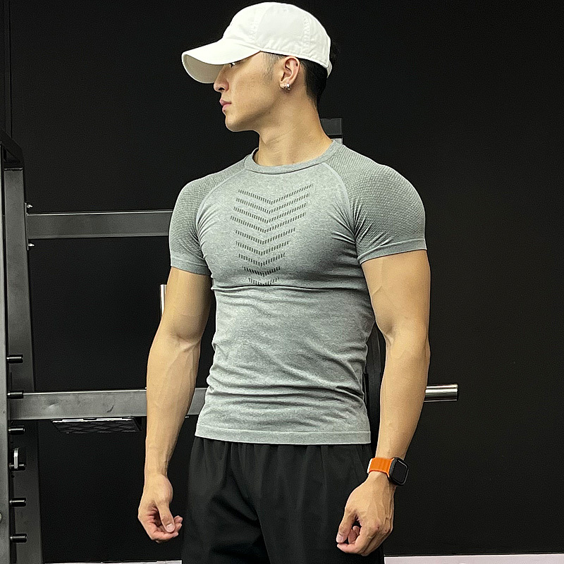 Smvp Seamless Jacquard American Fitness Short-Sleeved Cool Quick-Drying Cuffed Sports T-Shirt Shark Pattern Bodysuit