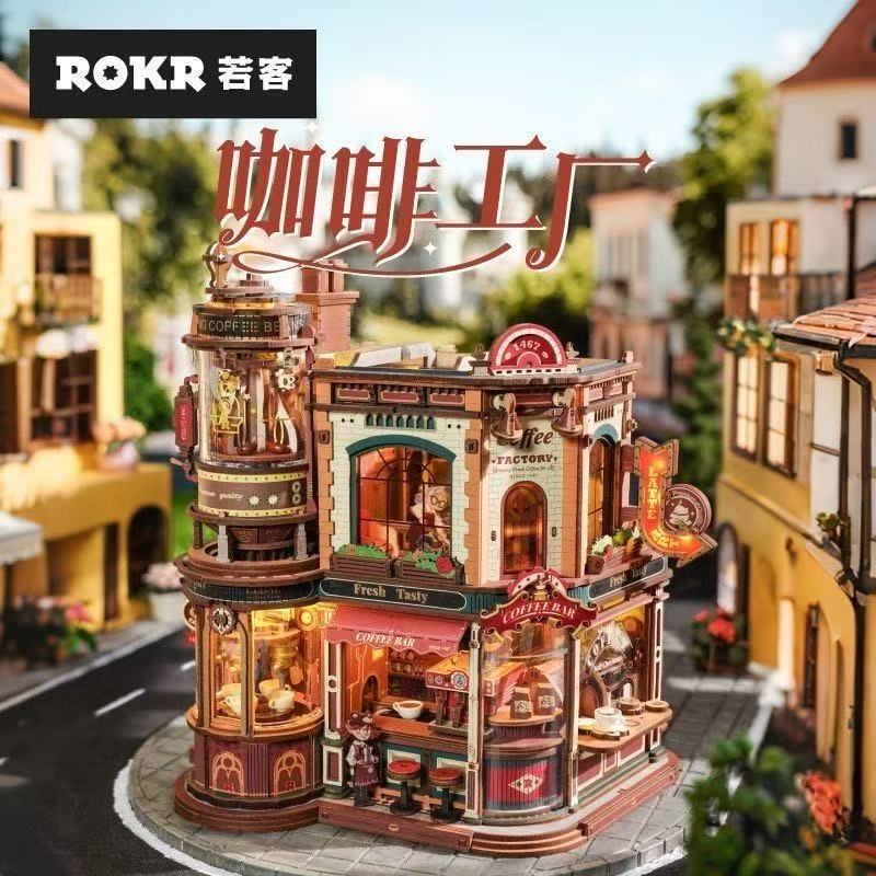 Ruoke Coffee Factory DIY Wooden Handmade Assembly 3D Gift Factory Model Creative Gift for Girls