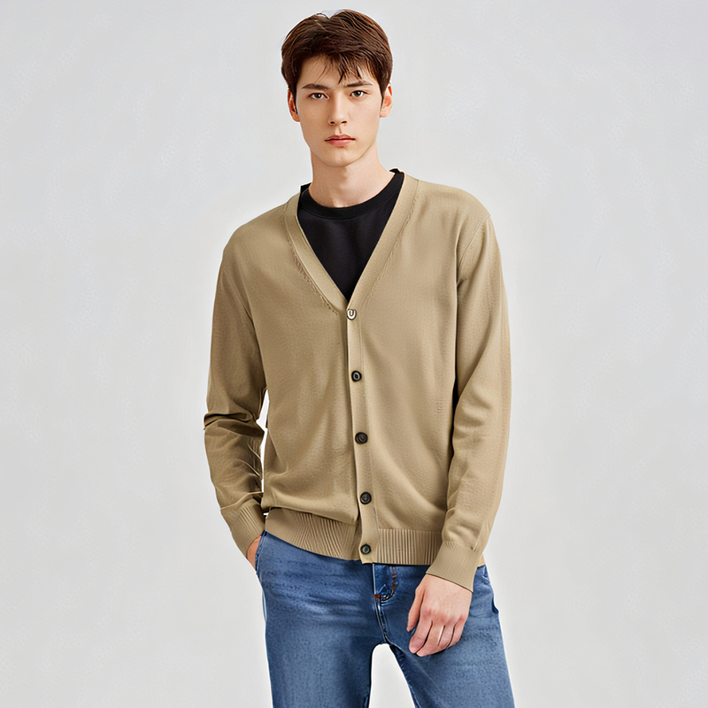 100% Cotton Yarn Knitted Cardigan Men's Long-Sleeved Sweater Autumn and Winter Solid Color Fine Needle Coat Five-Button Shawl Top