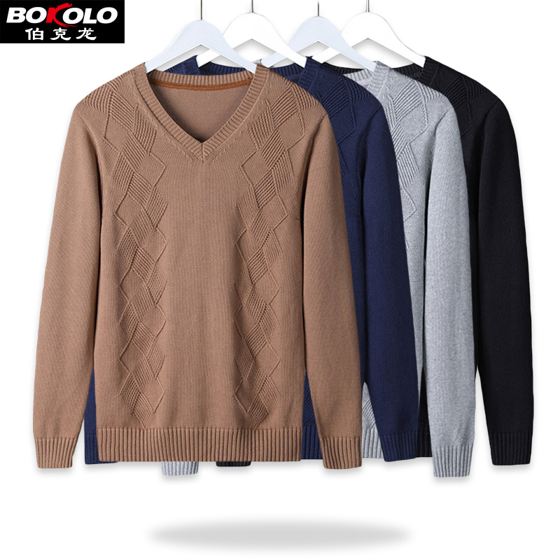 Winter Thickened Pure Cotton Knit Sweater Men's V-Neck Pullover Warm Anti-Pilling All-Cotton Jacket