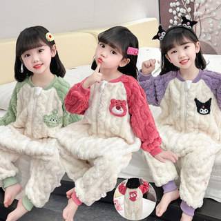 儿童法兰绒连体衣秋冬季女宝宝珊瑚绒睡衣加绒加厚男童睡袋防踢被