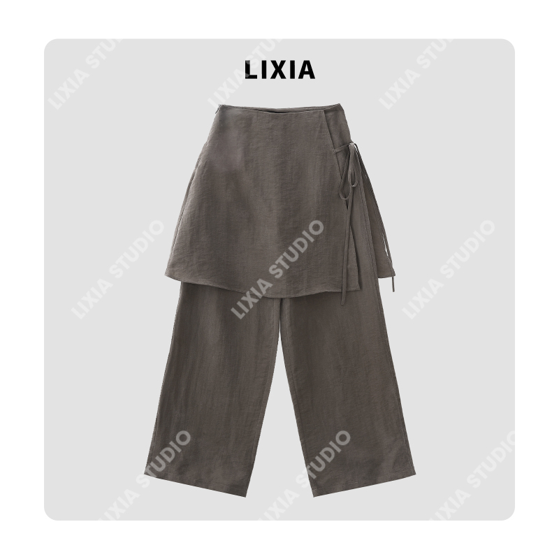 Lixia【Film Holiday】Ins Old Money Style Fake Two-Piece Side-Tie Wide-Leg Skirt Pants Casual Pants D12172