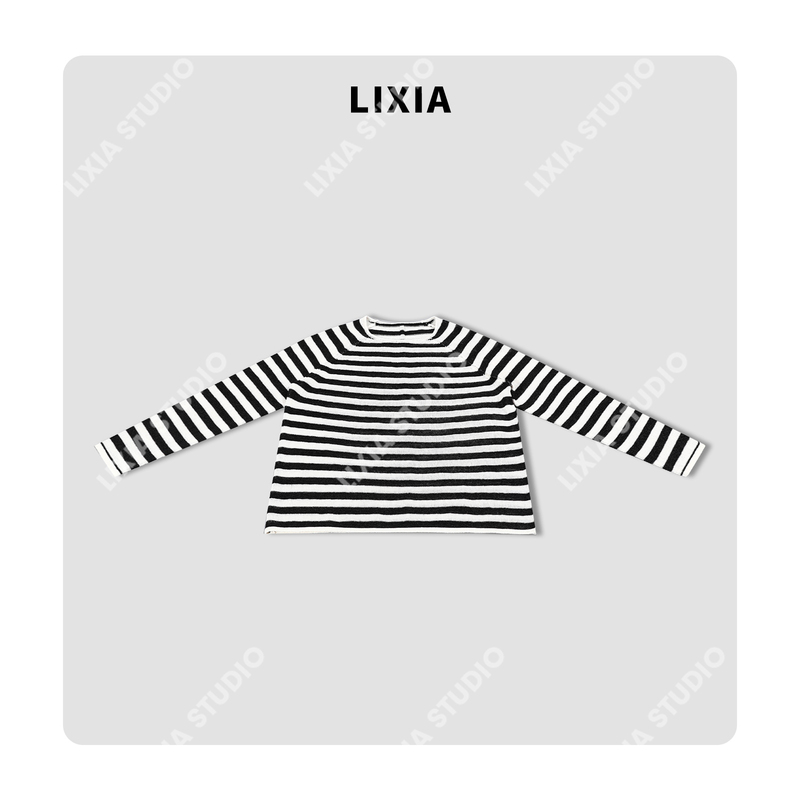 Lixia【Black and White Prologue】Hollow-Out Relaxed Casual Round-Neck Ins-Style Long-Sleeve Knit Sweater D12031