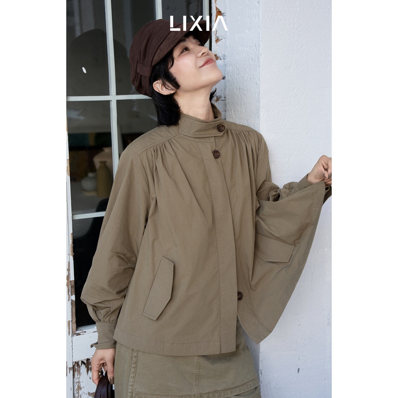 Lixia【静寻】Quiet Luxury Pure Cotton Windbreaker with Seam Details, Relaxed Shoulder Ruching, and Lantern Sleeves - D20636
