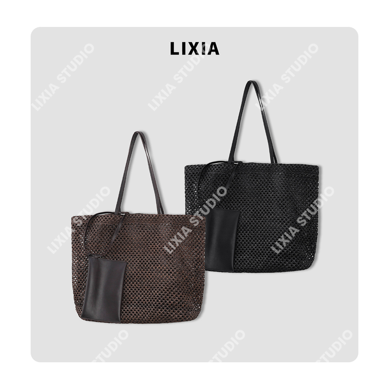 Lixia【Muye Zhixian】Fashionable Casual Pp Grass Material with Top-Layer Cowhide Leather Handbag-D12199