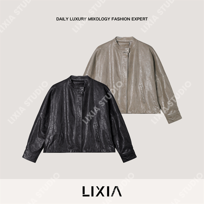 Lixia【New Aura】Motorcycle-Style Pure Sheepskin Leather Jacket with Hidden Placket Design and Retro Small Stand-Up Collar-D20050