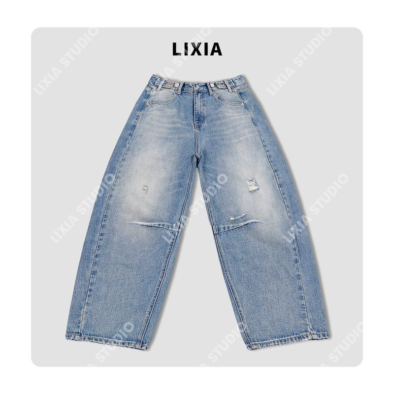 Lixia【Deconstructed Design】Relaxed Fit Washed Vintage Wide-Leg Straight Jeans-D12038